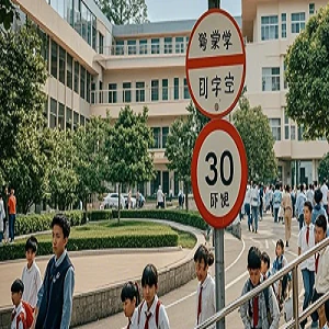 Speed limit traffic sign on campus at school dismissal time
